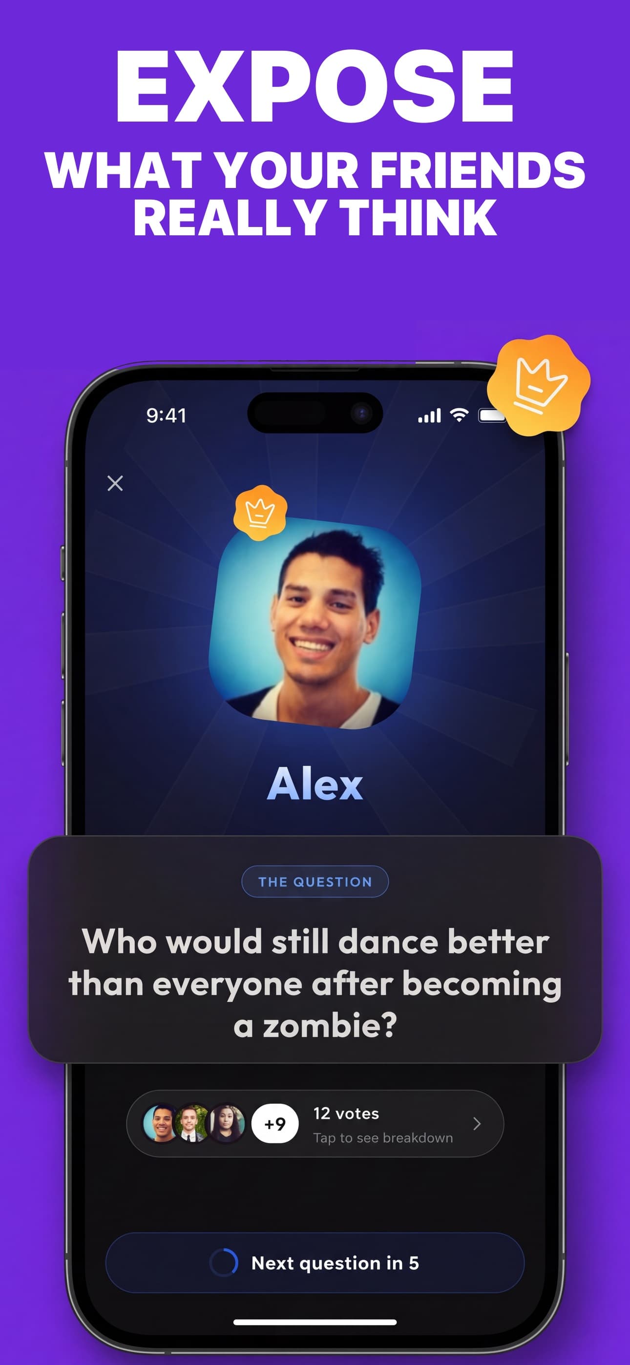 OneOfUs reveal screen: the group's pick is crowned