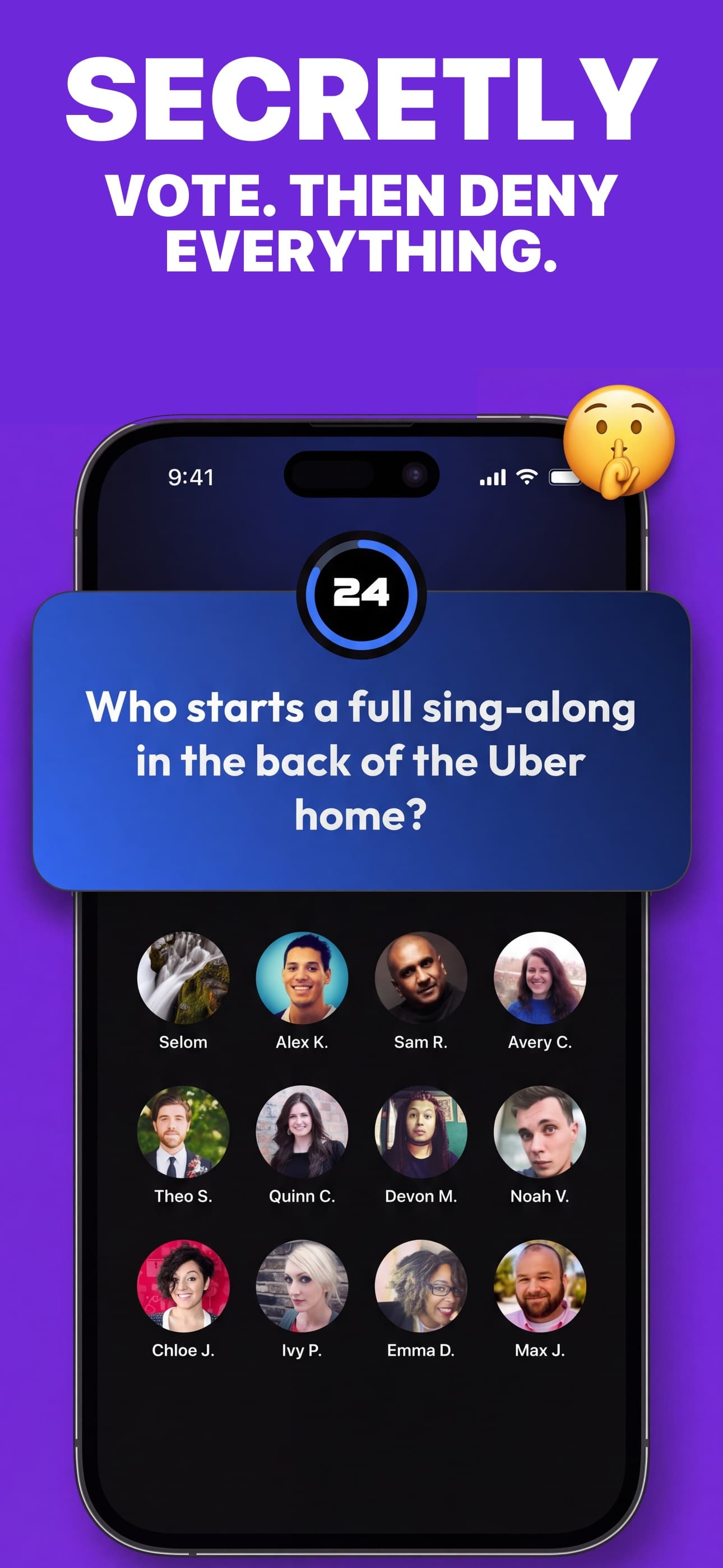 Secret voting screen with a question and friends to pick from